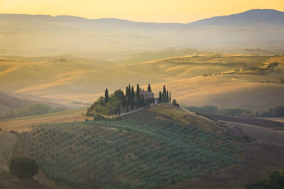 Casale toscano su una collina circondata da uliveti, nella luce dorata